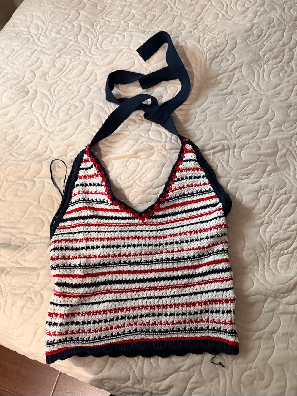 Moon & Madison Striped Knit Halter Tank Top - Navy, Red & White Medium